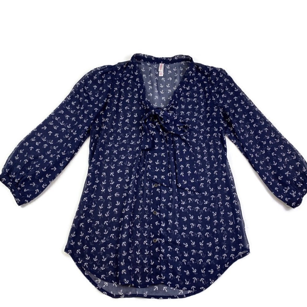 Xhilaration Nautical Semi Sheer Button Down Top With Tie Neckline Detail Size S